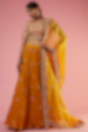 Mustard Pure Chanderi Embroidered Wedding Lehenga Set by SURBHI SHAH at Pernia's Pop Up Shop