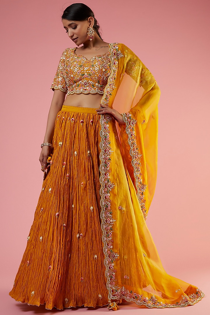 Mustard Pure Chanderi Embroidered Wedding Lehenga Set by SURBHI SHAH at Pernia's Pop Up Shop