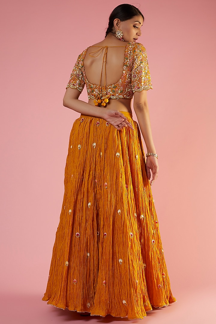 Mustard Pure Chanderi Embroidered Wedding Lehenga Set by SURBHI SHAH at Pernia's Pop Up Shop