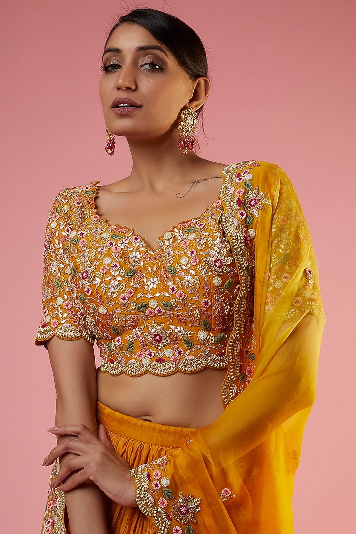 Mustard Pure Chanderi Embroidered Wedding Lehenga Set by SURBHI SHAH at Pernia's Pop Up Shop