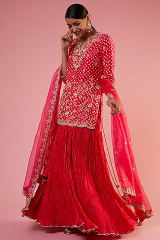 Red Pure Kora Silk Crushed Skirt Set by SURBHI SHAH