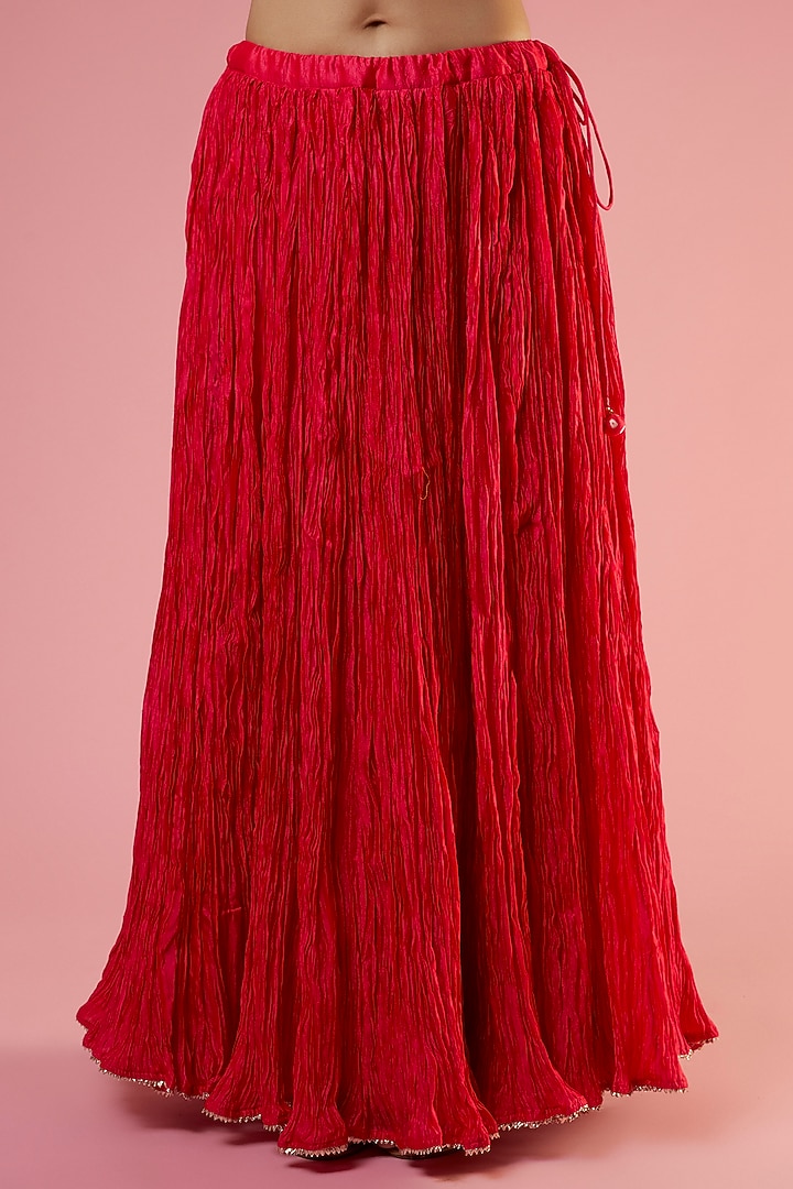 Red Pure Kora Silk Crushed Skirt Set by SURBHI SHAH at Pernia's Pop Up Shop