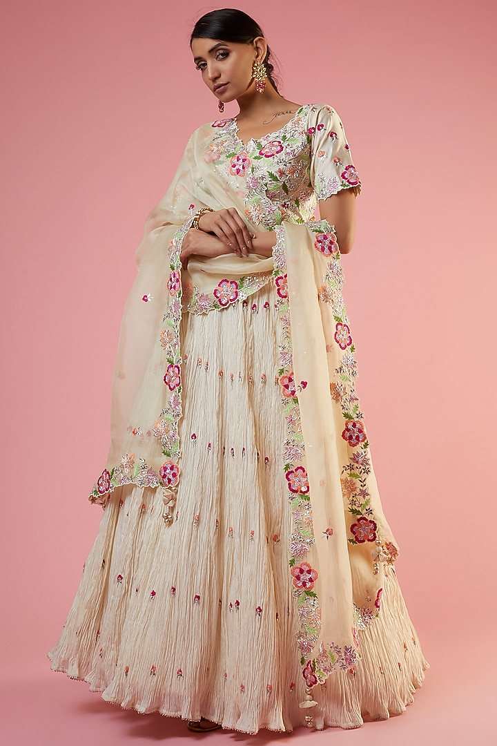 Off-White Crush Embroidered Wedding Lehenga Set by SURBHI SHAH at Pernia's Pop Up Shop