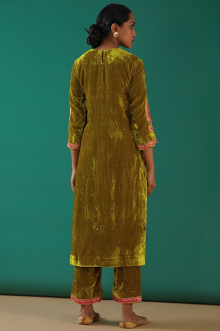 Olive Pure Velvet Hand Embroidered Kurta Set by SURBHI SHAH at Pernia's Pop Up Shop