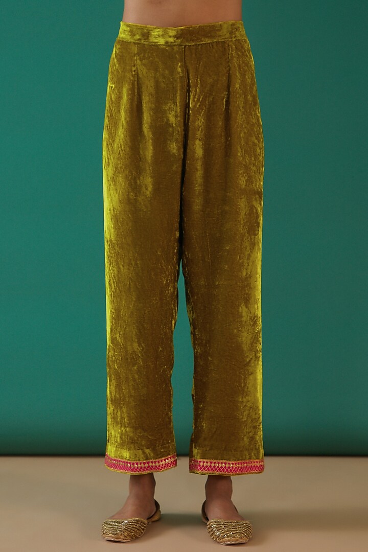 Olive Pure Velvet Hand Embroidered Kurta Set by SURBHI SHAH at Pernia's Pop Up Shop