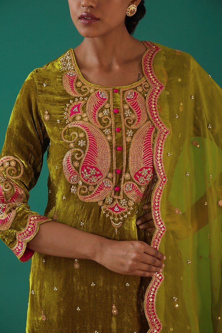 Olive Pure Velvet Hand Embroidered Kurta Set by SURBHI SHAH at Pernia's Pop Up Shop