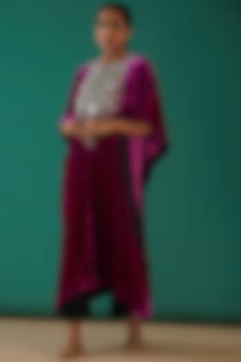 Magenta Pure Velvet Hand Embroidered Kaftan Set by SURBHI SHAH at Pernia's Pop Up Shop
