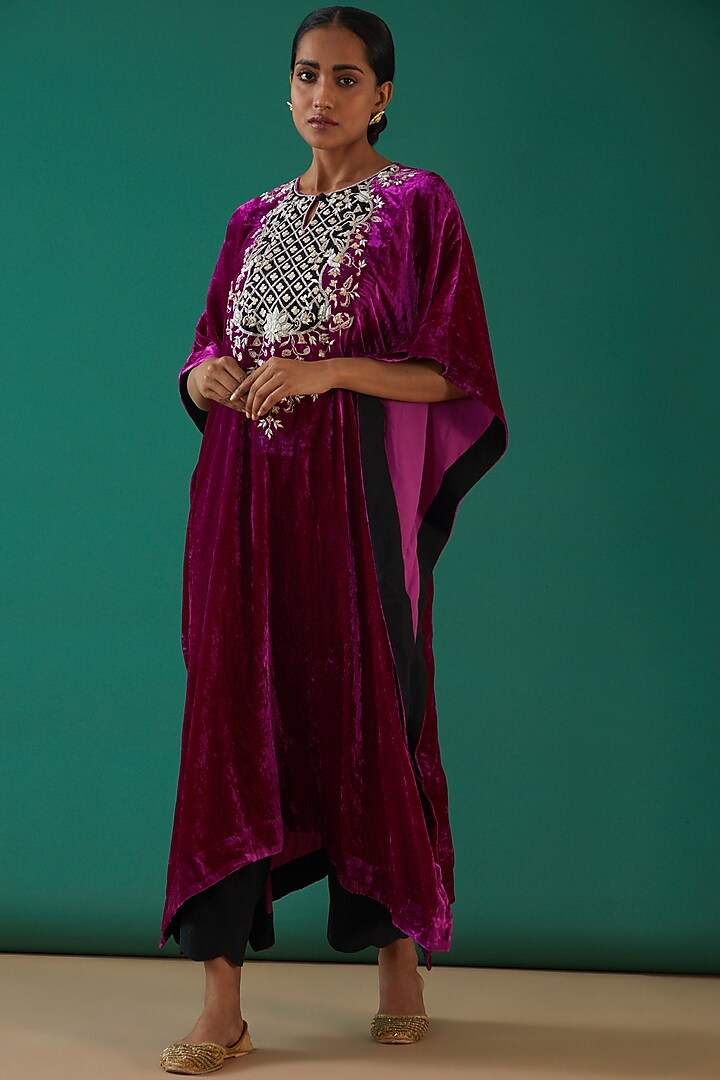 Magenta Pure Velvet Hand Embroidered Kaftan Set by SURBHI SHAH at Pernia's Pop Up Shop