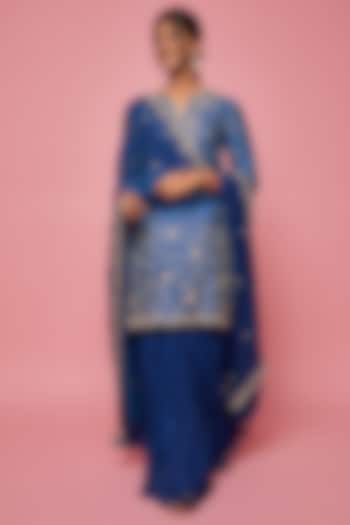 Teal Blue Silk Crush Skirt Set by SURBHI SHAH