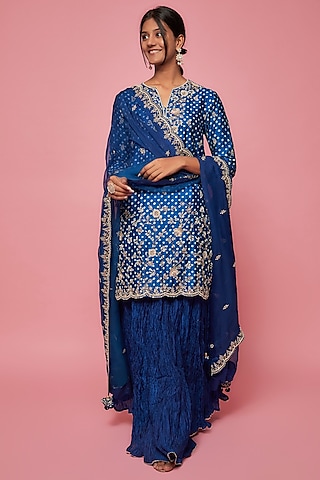 Teal Blue Silk Crush Skirt Set by SURBHI SHAH