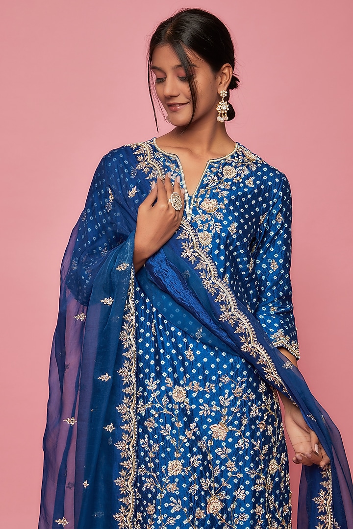 Teal Blue Silk Crush Skirt Set by SURBHI SHAH at Pernia's Pop Up Shop