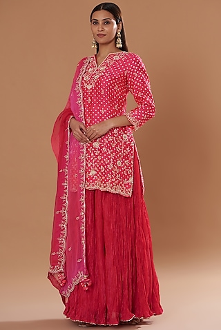 Tomato Red Kora Silk Crushed Skirt Set by SURBHI SHAH