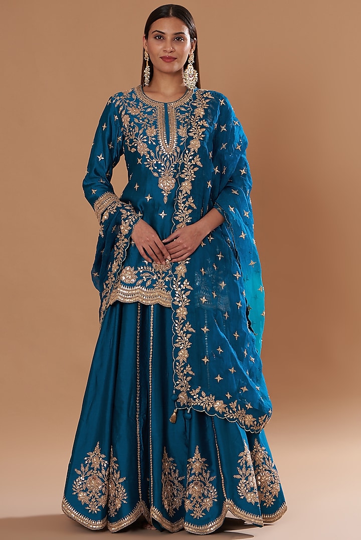 Teal Blue Pure Spun Silk Embroidered Lehenga Set by SURBHI SHAH