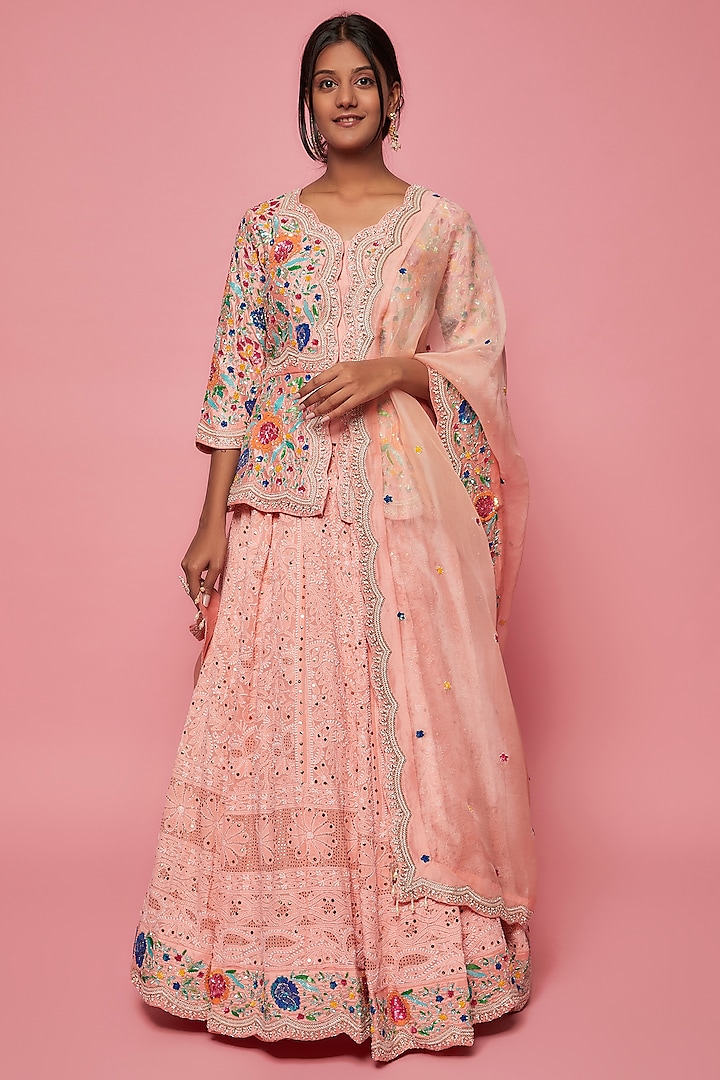 Peach Pure Spun Silk Lucknowi Lehenga Set by SURBHI SHAH