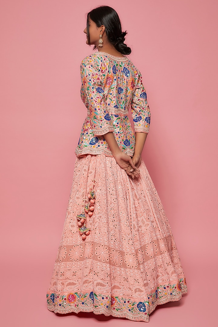 Peach Pure Spun Silk Lucknowi Bridal Lehenga Set by SURBHI SHAH at Pernia's Pop Up Shop