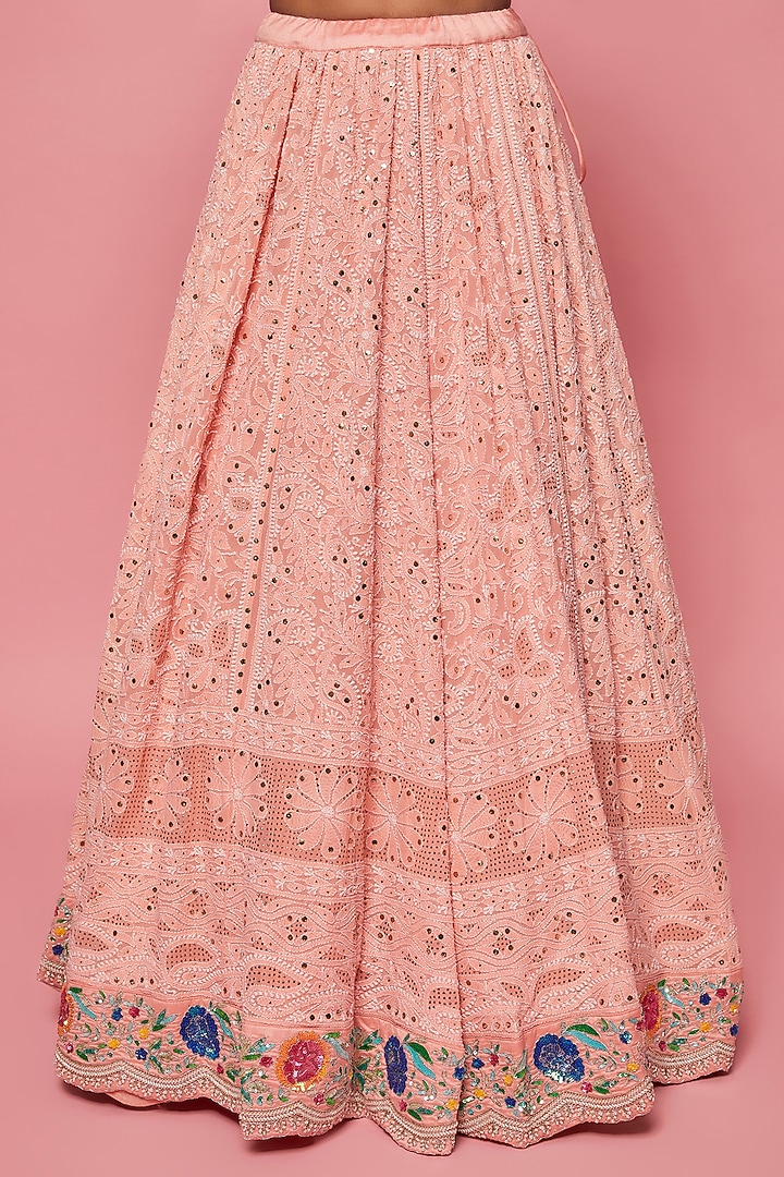 Peach Pure Spun Silk Lucknowi Bridal Lehenga Set by SURBHI SHAH at Pernia's Pop Up Shop