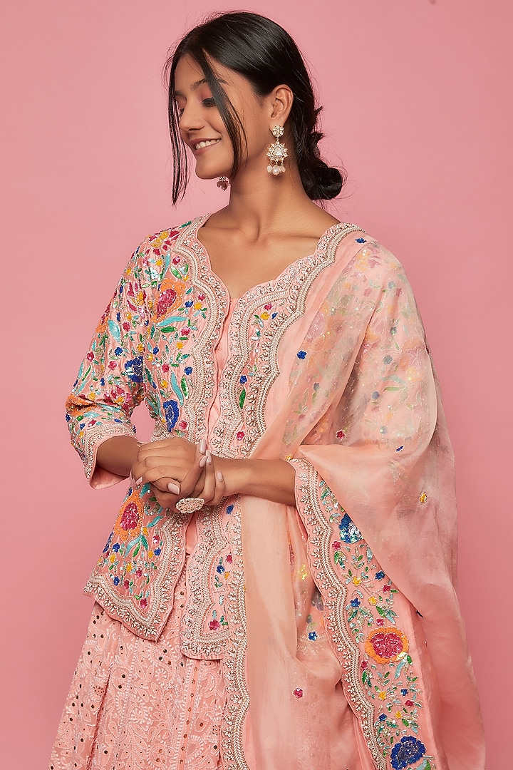Peach Pure Spun Silk Lucknowi Bridal Lehenga Set by SURBHI SHAH at Pernia's Pop Up Shop