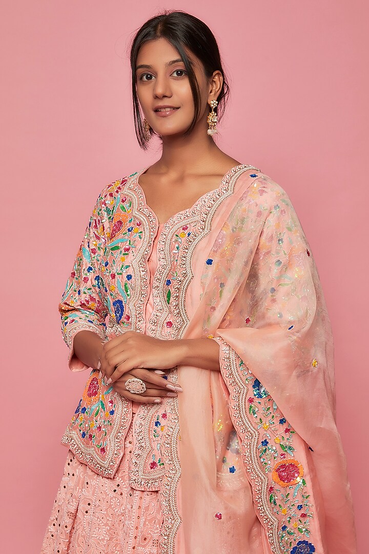 Peach Pure Spun Silk Lucknowi Bridal Lehenga Set by SURBHI SHAH at Pernia's Pop Up Shop