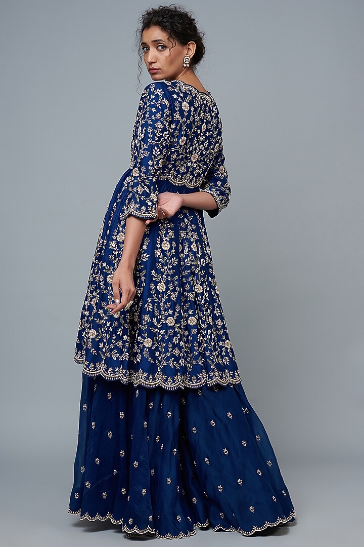 Deep Blue Organza Bridal Sharara Set by SURBHI SHAH at Pernia's Pop Up Shop