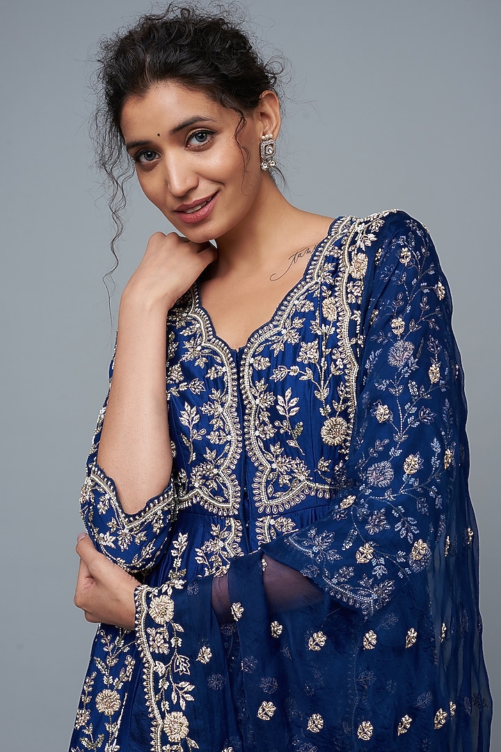Deep Blue Organza Bridal Sharara Set by SURBHI SHAH at Pernia's Pop Up Shop