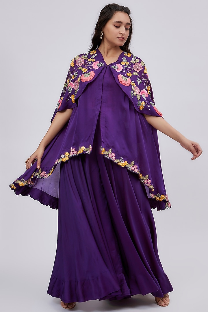 Purple Satin Organza Hand Embroidered Cape Set by SURBHI SHAH at Pernia's Pop Up Shop