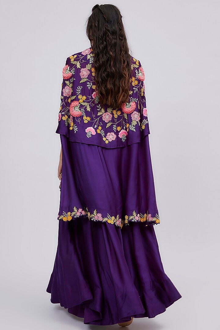 Purple Satin Organza Hand Embroidered Cape Set by SURBHI SHAH at Pernia's Pop Up Shop