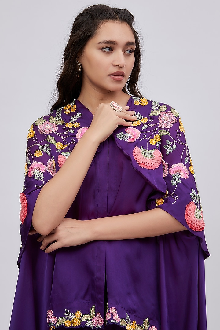 Purple Satin Organza Hand Embroidered Cape Set by SURBHI SHAH at Pernia's Pop Up Shop