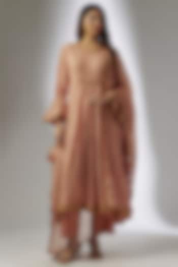 Old Rose Gold Chanderi Marodi Embroidered Wedding Anarkali Set by Surbhi Shah at Pernia's Pop Up Shop