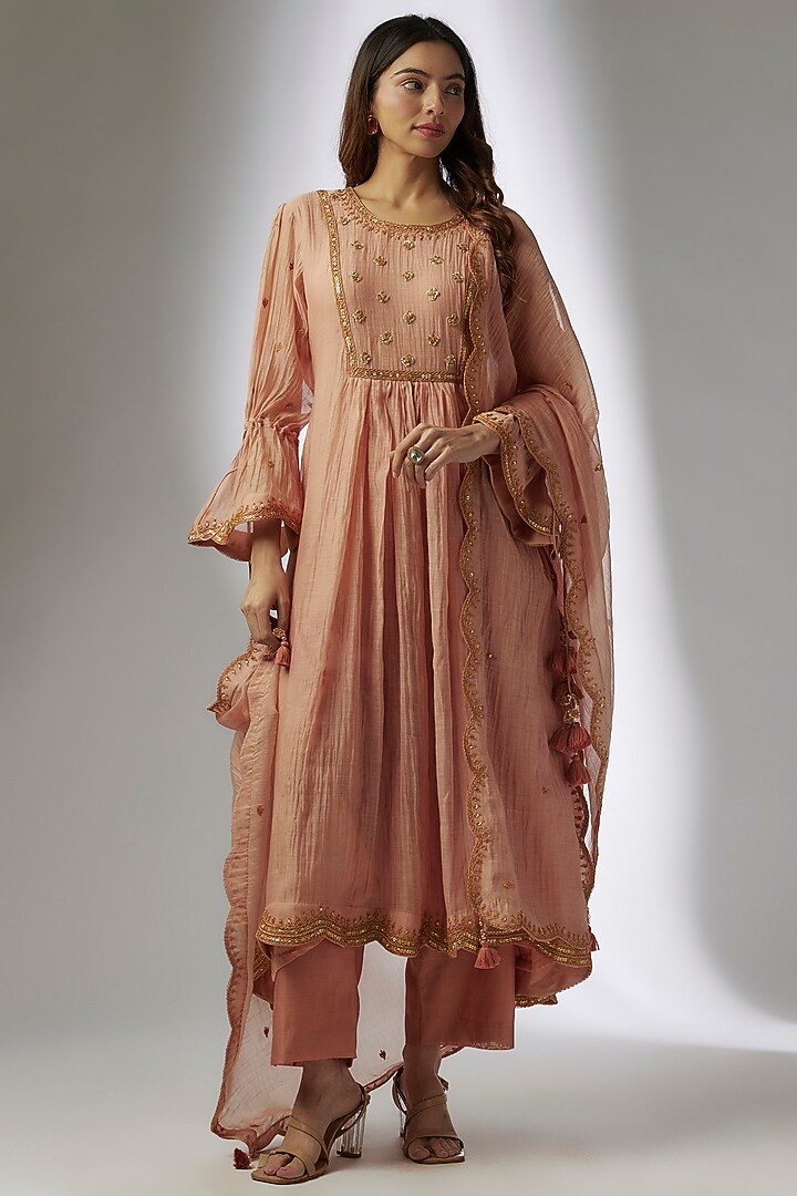 Old Rose Gold Chanderi Marodi Embroidered Wedding Anarkali Set by Surbhi Shah at Pernia's Pop Up Shop