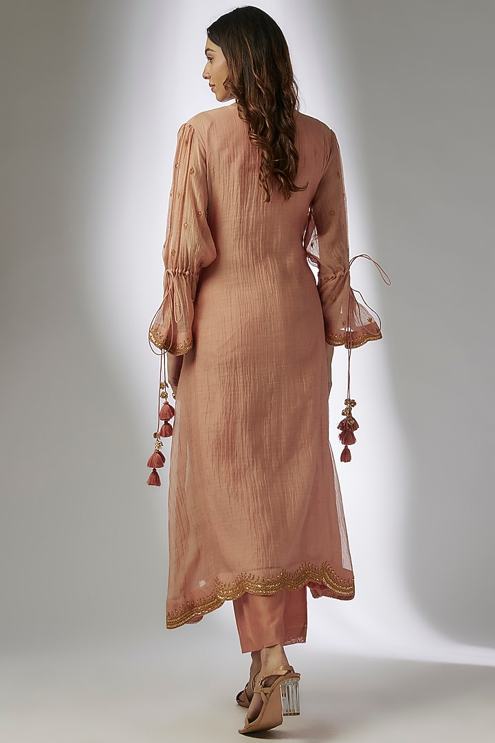 Old Rose Gold Chanderi Marodi Embroidered Wedding Anarkali Set by Surbhi Shah at Pernia's Pop Up Shop