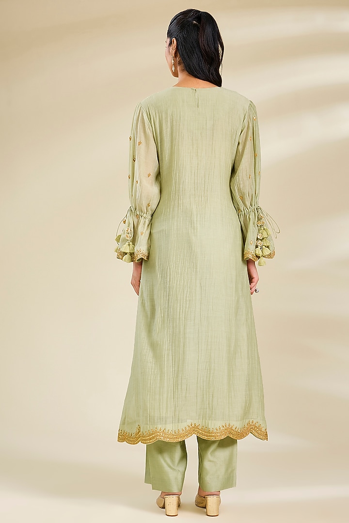 Pista Green Chanderi Marori Work Wedding Anarkali Set by SURBHI SHAH at Pernia's Pop Up Shop