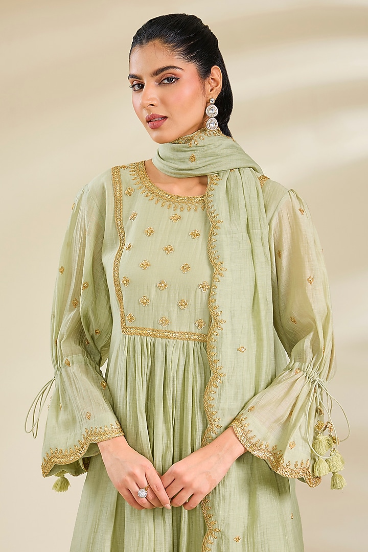 Pista Green Chanderi Marori Work Wedding Anarkali Set by SURBHI SHAH at Pernia's Pop Up Shop