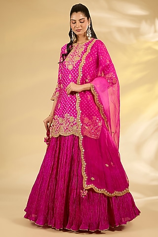 Pink Bandhej Spun Silk Marori Work Kurta Set by SURBHI SHAH