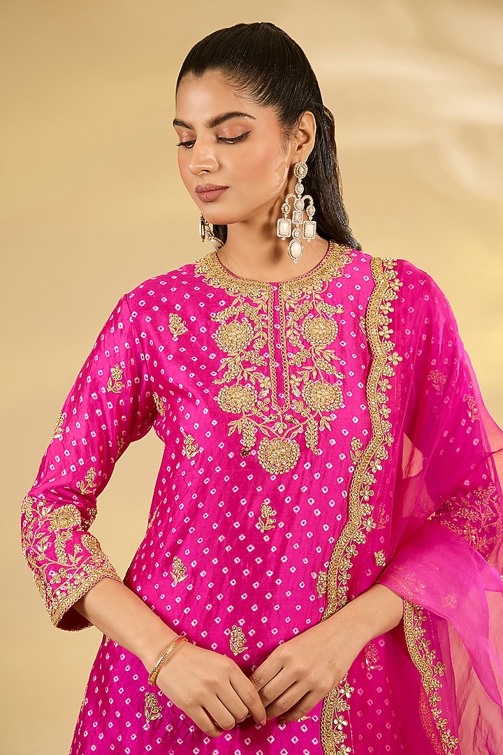 Pink Bandhej Spun Silk Marori Work Kurta Set by SURBHI SHAH at Pernia's Pop Up Shop