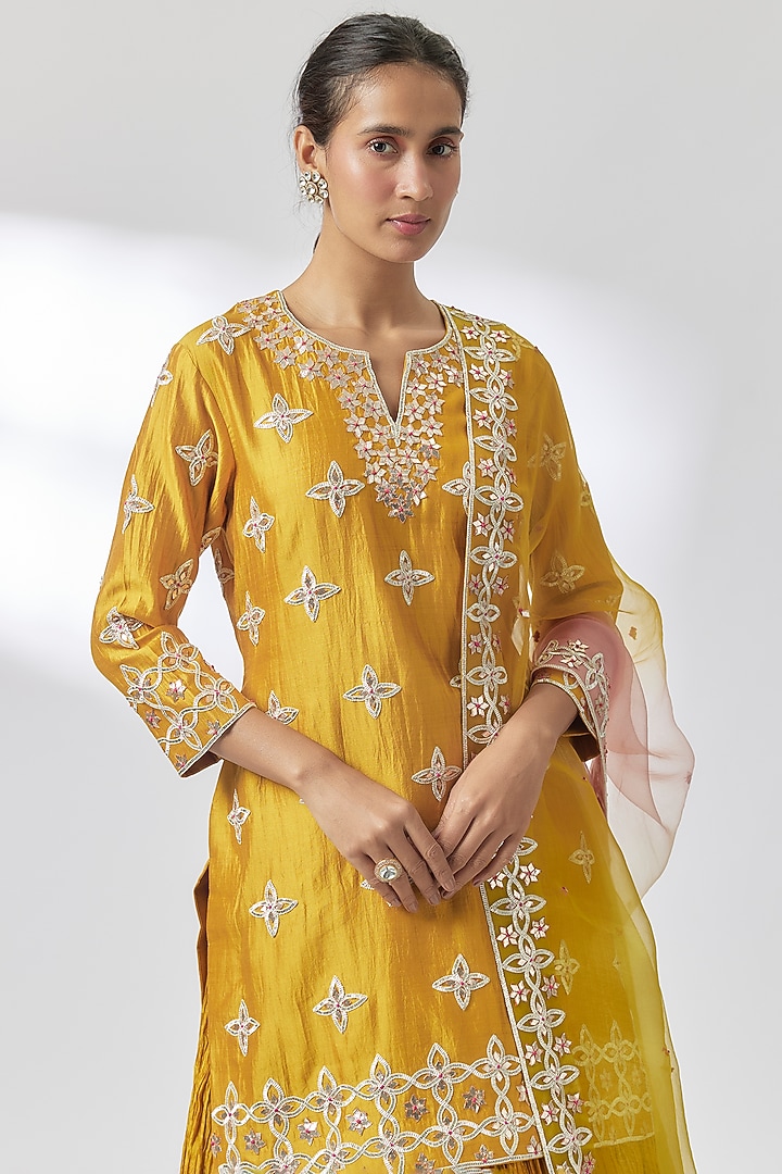 Mustard Yellow Pure Spun & Kora Silk Crushed Skirt Set by Surbhi Shah at Pernia's Pop Up Shop