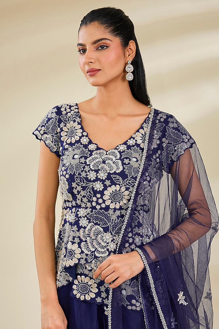 Navy Blue Organza Sequins Work Bridal Sharara Set by SURBHI SHAH at Pernia's Pop Up Shop