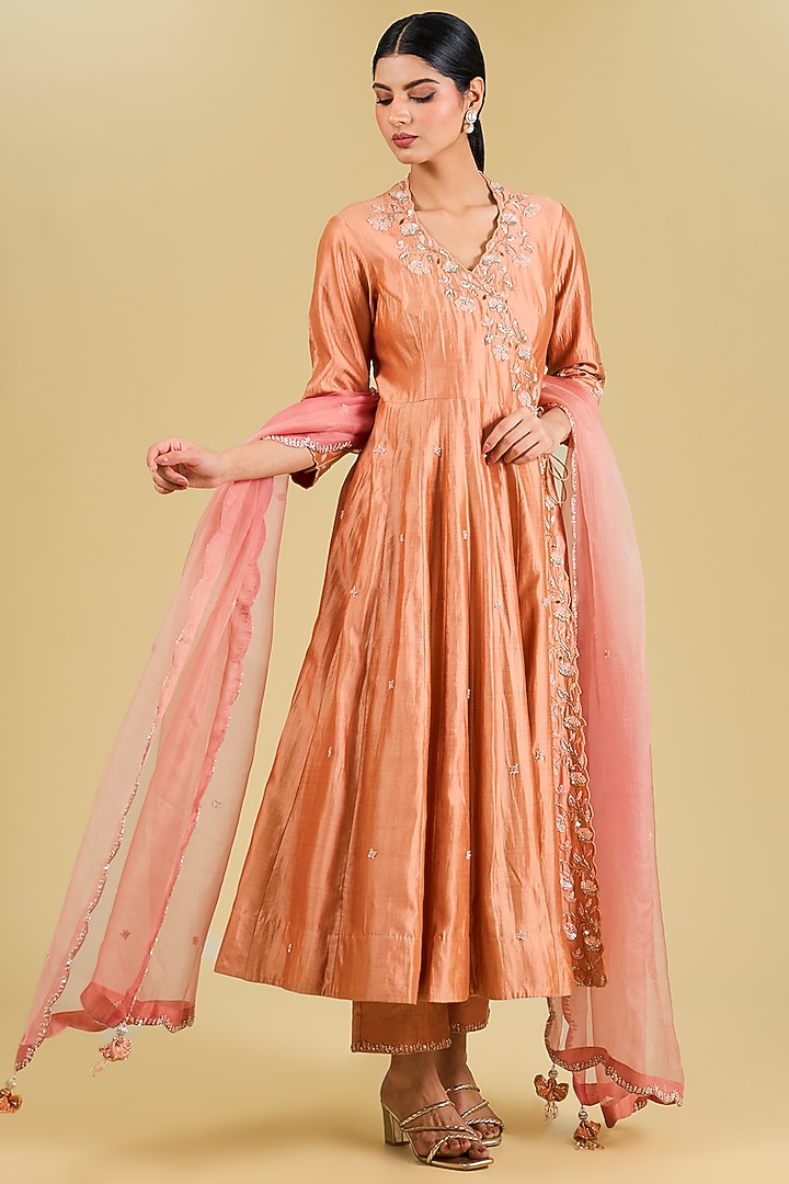 Old Rose Pure Spun Silk Sequins Work Angrakha Set by Surbhi Shah at Pernia's Pop Up Shop