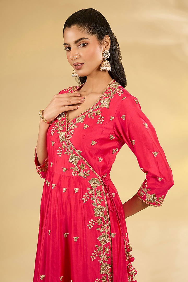 Red Spun Silk Pearl Work Angrakha Set by SURBHI SHAH at Pernia's Pop Up Shop