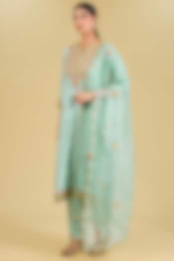 Sea Green Spun Silk Marodi Patchwork Kurta Set by Surbhi Shah at Pernia's Pop Up Shop