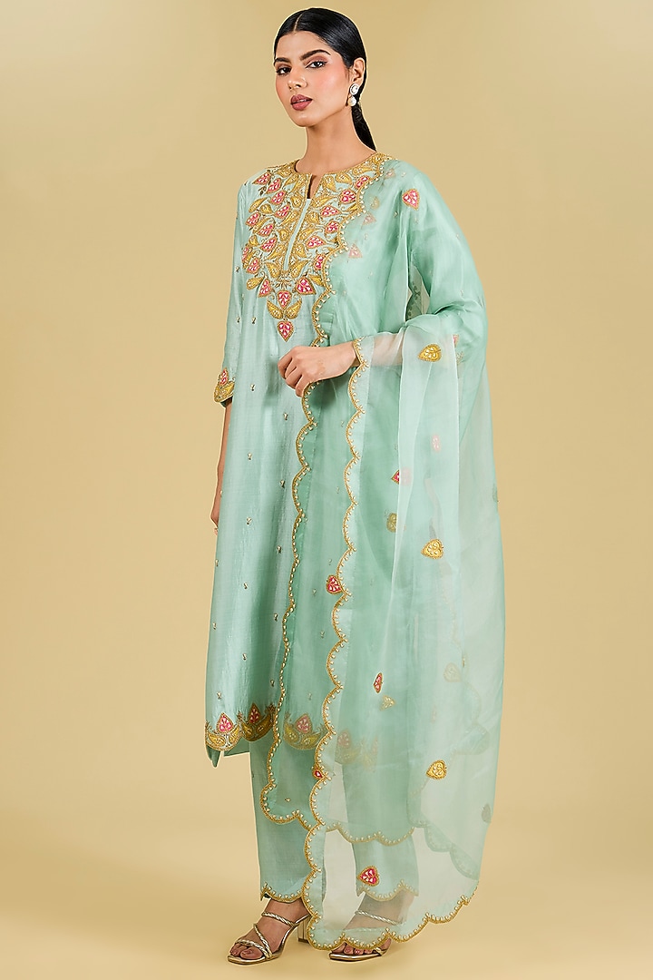 Sea Green Spun Silk Marodi Patchwork Kurta Set by Surbhi Shah at Pernia's Pop Up Shop