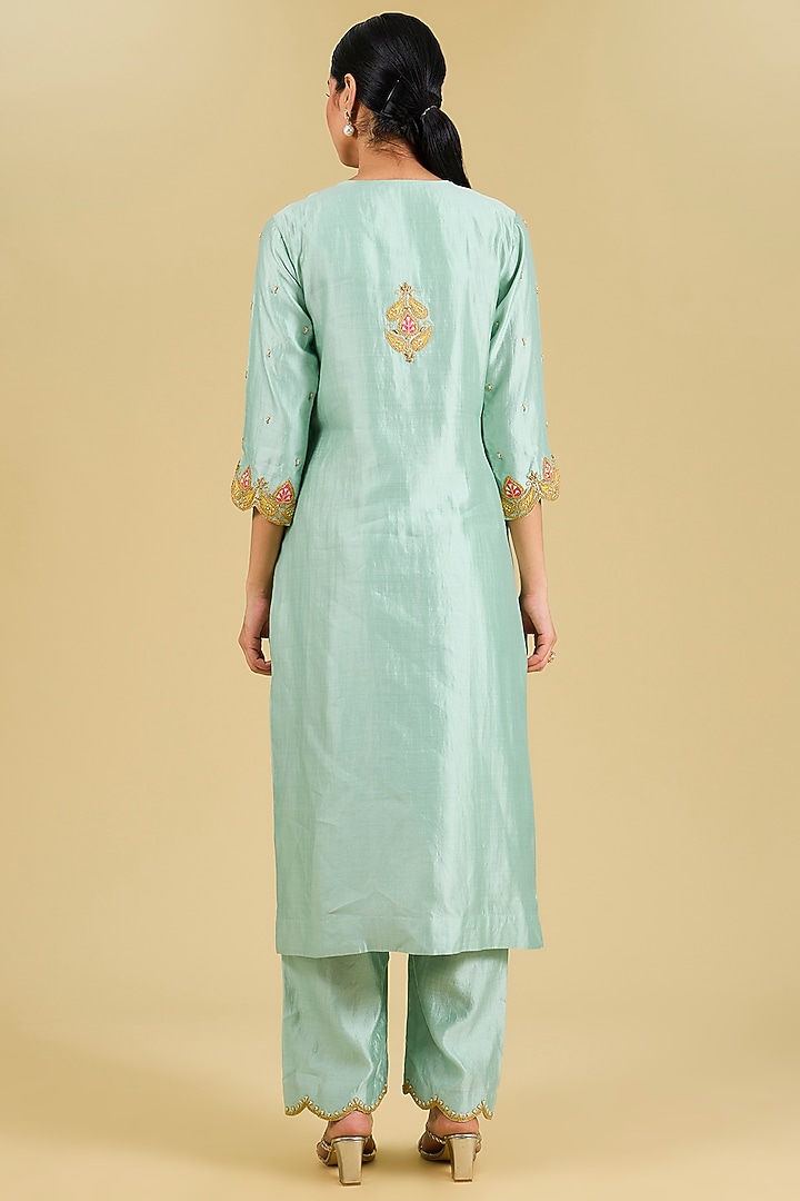 Sea Green Spun Silk Marodi Patchwork Kurta Set by Surbhi Shah at Pernia's Pop Up Shop