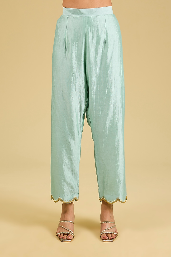 Sea Green Spun Silk Marodi Patchwork Kurta Set by Surbhi Shah at Pernia's Pop Up Shop