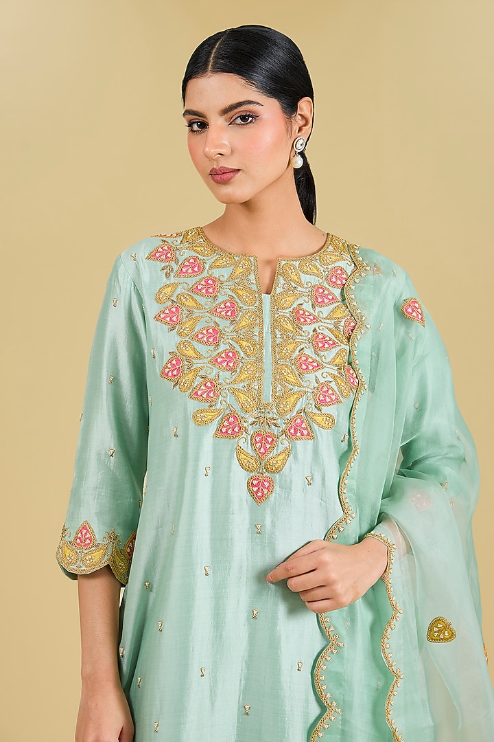 Sea Green Spun Silk Marodi Patchwork Kurta Set by Surbhi Shah at Pernia's Pop Up Shop