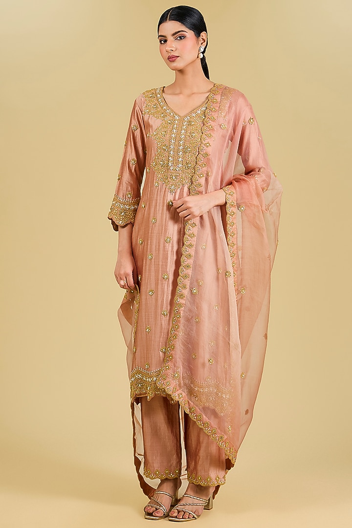 Old Rose Pure Spun Silk Marori Work Kurta Set by Surbhi Shah at Pernia's Pop Up Shop