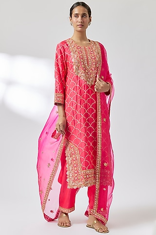 Red Spun Silk Sequins & Marori Work Kurta Set by Surbhi Shah