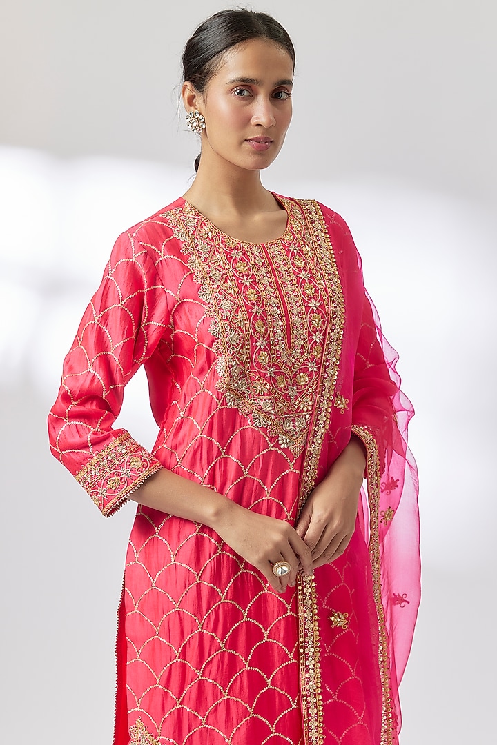 Red Spun Silk Sequins & Marori Work Kurta Set by Surbhi Shah at Pernia's Pop Up Shop