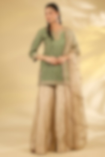 Sage Green Spun Silk Marori Work Kurta Set by SURBHI SHAH at Pernia's Pop Up Shop