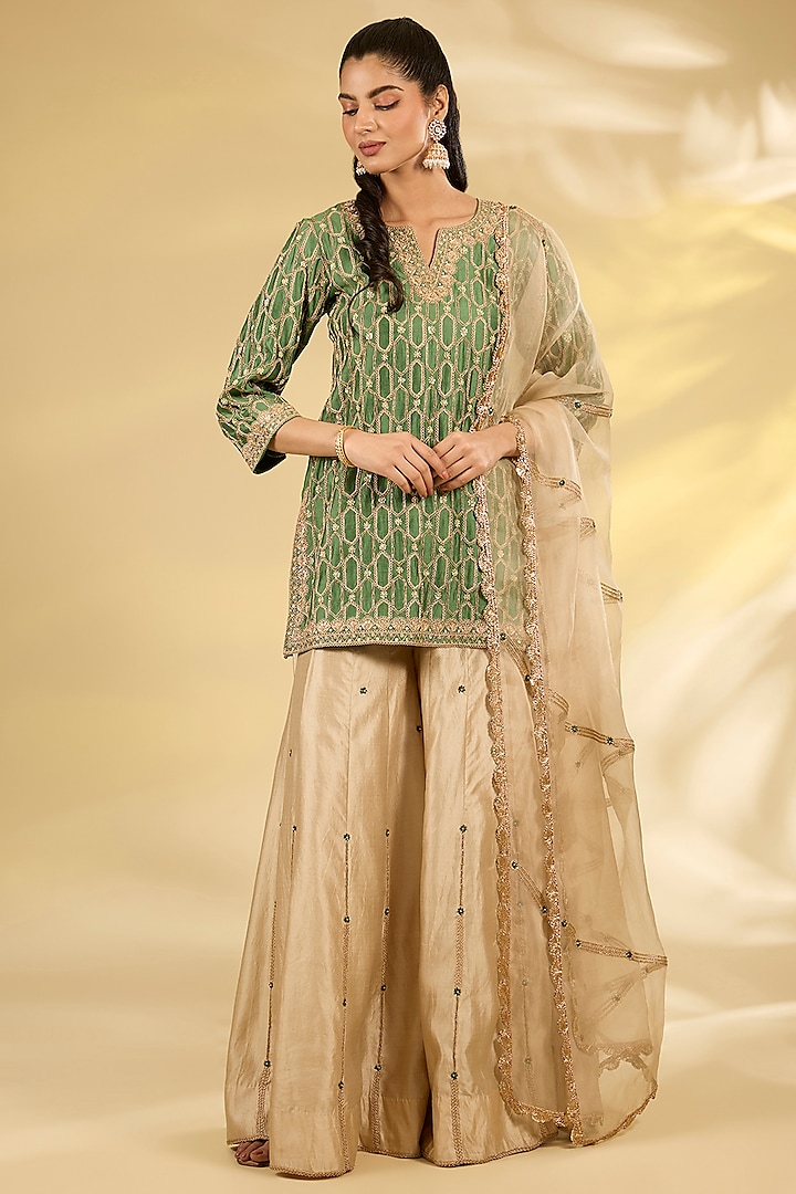 Sage Green Spun Silk Marori Work Kurta Set by SURBHI SHAH at Pernia's Pop Up Shop