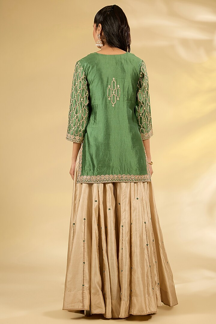 Sage Green Spun Silk Marori Work Kurta Set by SURBHI SHAH at Pernia's Pop Up Shop