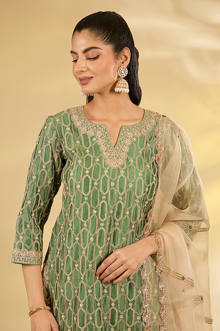 Sage Green Spun Silk Marori Work Kurta Set by SURBHI SHAH at Pernia's Pop Up Shop